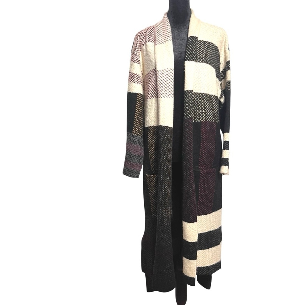 Maxsport Blanket Duster Cardigan Longline Striped Patchwork Plaid Sweater — M